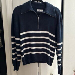 Hollister Oversized Half Quarter Zip Sweater Pullover Navy White Stripes Small